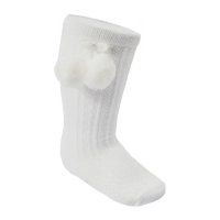 S355-W: White Knee Length Socks w/Pom Pom (0-24 Months)